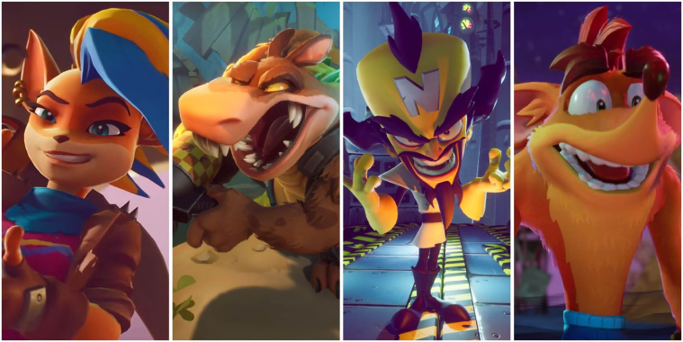 Imagem mostrando 4 personagens jogáveis de Crash Bandicoot 4: It's about time, da esquerda para a direita: Tawna Bandicoot, Dingodile, Neo Cortex e Crash