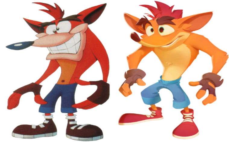 Imagem mostrando antes e depois do design do Crash Bandicoot