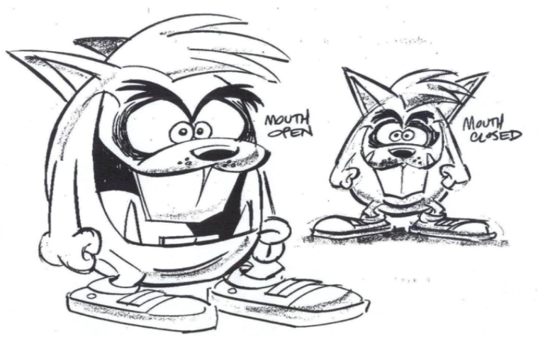 Design original do Crash Bandicoot inspirado em um Vombate, com um porte mais robusto, uma larga boca que vai do seu rosto até a base de sua barriga e olhos pirados cartunescos similares ao diabo da Tasmânia